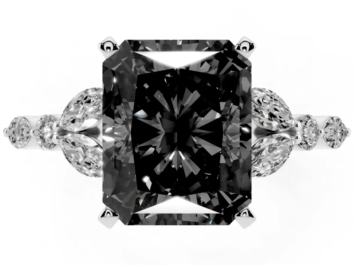 Fancy Black Radiant Cut Diamond Solitaire Ring with Side Stones and Four-Prong Setting Silver