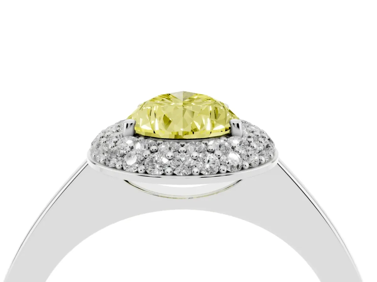 Fancy Yellow Pear Cut Halo Diamond Engagement Ring with Solitaire Band and Four-Prong Setting White gold