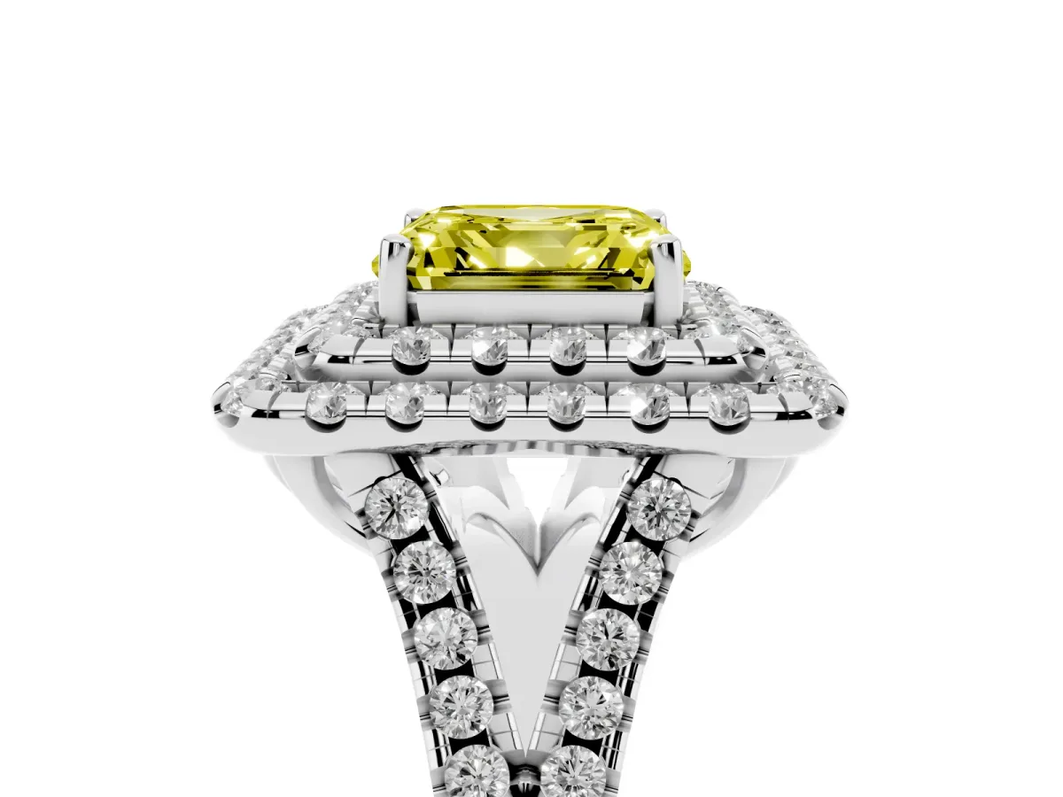 Fancy Yellow Double Halo Asscher Cut Diamond Pavé Split Shank Ring with Prong Setting Silver