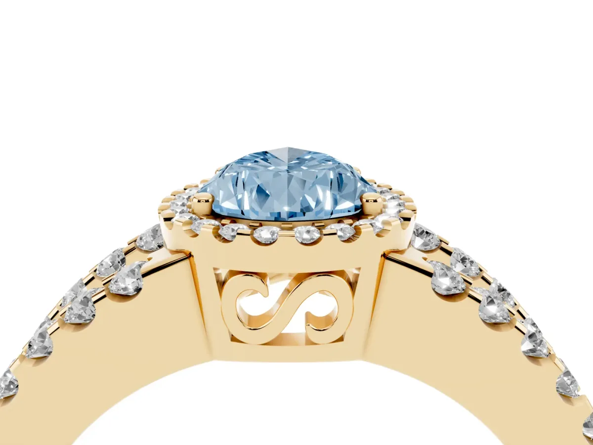 Fancy Blue Pear Cut Cut Halo Split Shank Diamond Ring with Four-Prong Setting Yellow gold