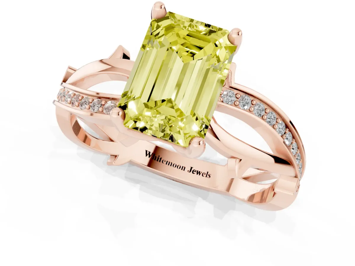 Fancy Yellow Emerald Cut Solitaire Twist Band with Pavé Accents and Four-Prong Setting Rose gold