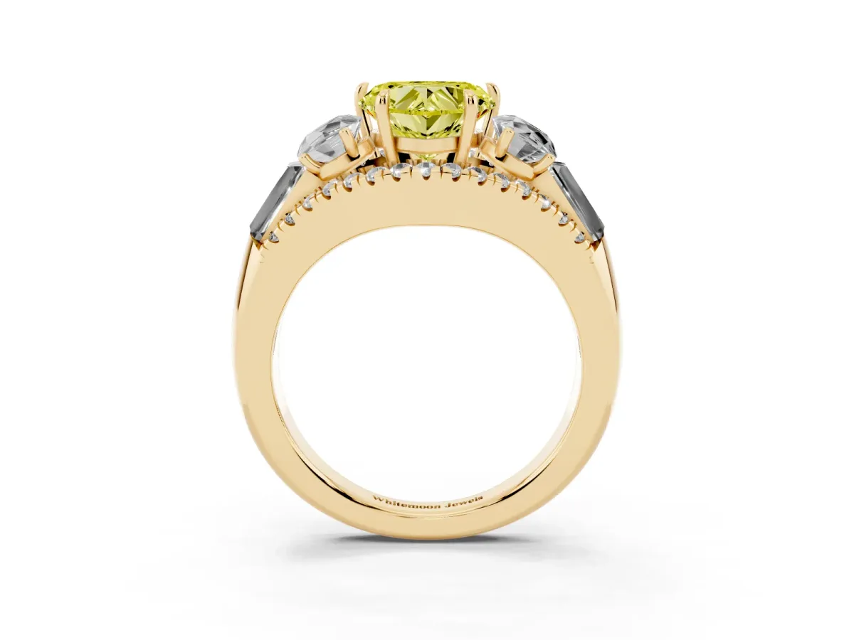 Fancy Yellow Three-Stone Heart Cut Diamond Engagement Ring with Pave Band and Prong Setting Yellow gold