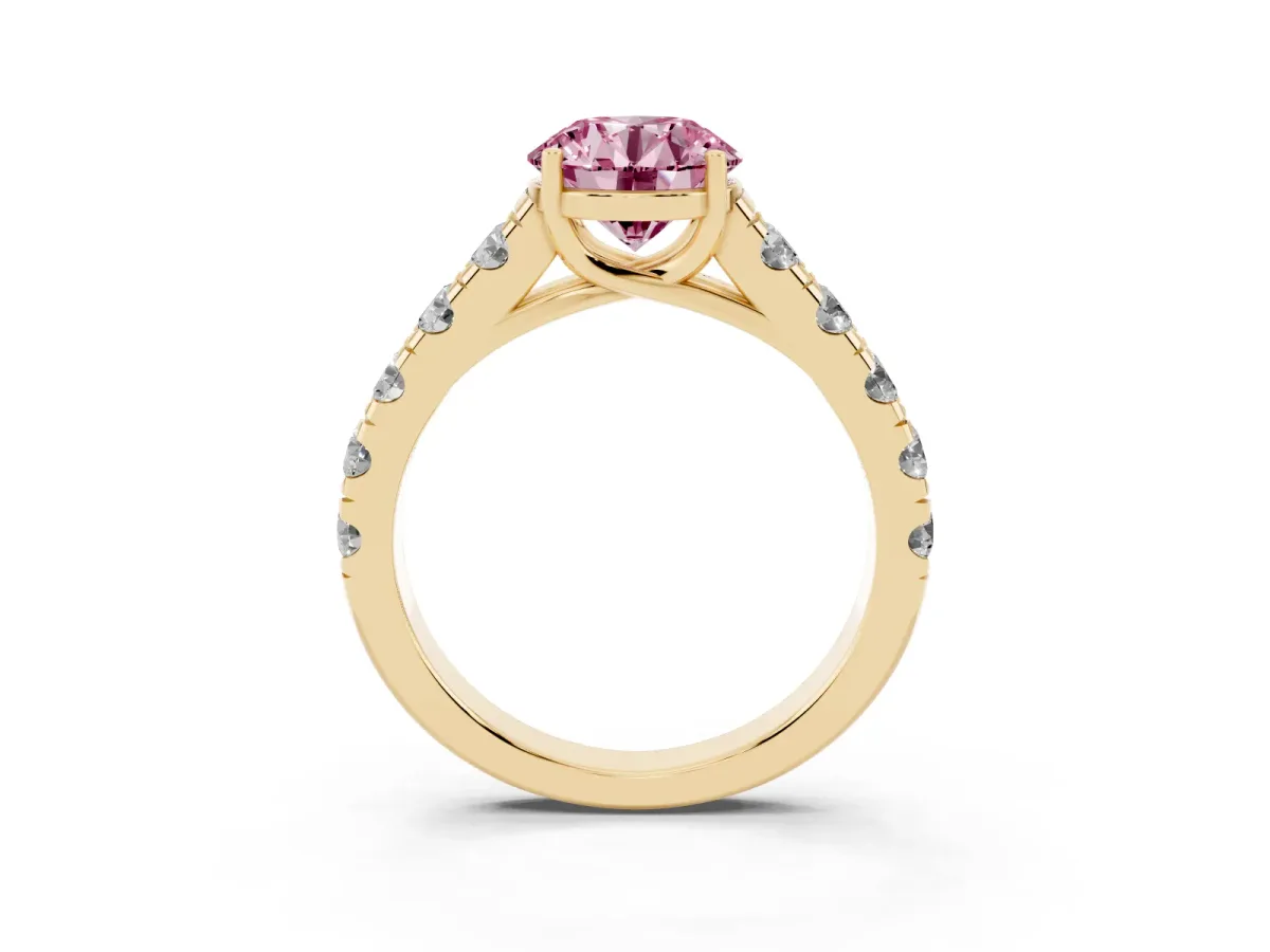 Fancy Pink Round Cut Cut Diamond Solitaire Ring with Micro Pave Band and Prong Setting Yellow gold