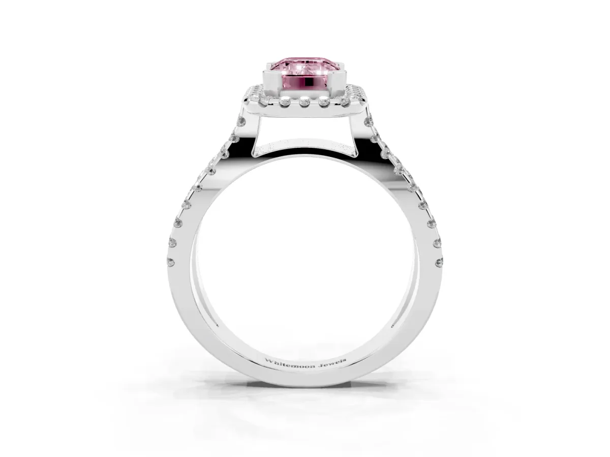 Fancy Pink Emerald Cut Diamond Halo Ring with Split Shank Pavé Band and Prong Setting Silver