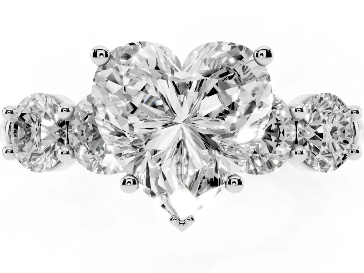 Heart Cut Cut Five-Stone Prong Set Diamond Ring with Classic Band Platinum
