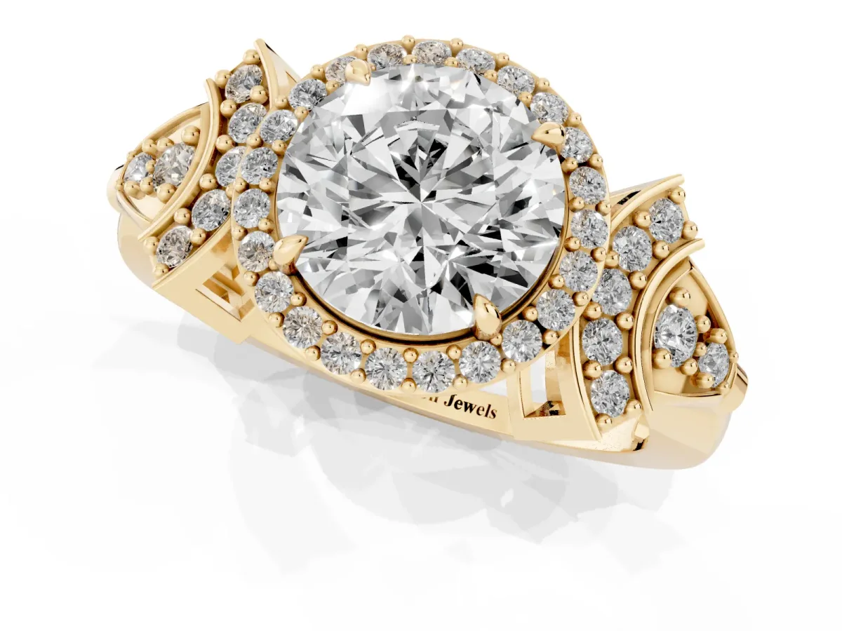 Round Cut Halo Diamond Split Shank Engagement Ring with Four-Prong Setting Yellow gold