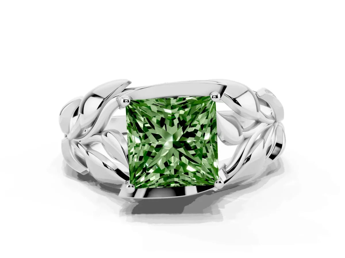 Fancy Green Princess Cut Diamond Leaf-Inspired Engagement Ring with Round Accents and Prong Setting White gold