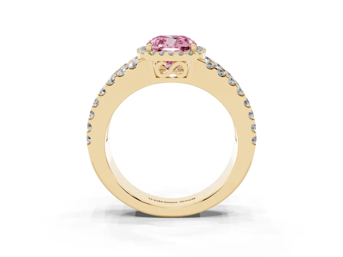 Fancy Pink Cushion Cut Cut Halo Split Shank Diamond Ring with Four-Prong Setting Yellow gold