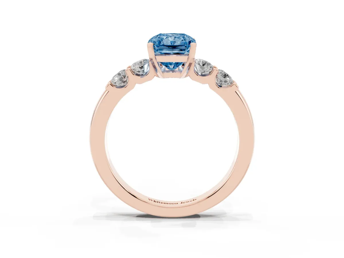 Fancy Blue Radiant Cut Brilliant Cut Diamond Five-Stone Prong Set Engagement Ring with Channel Band Rose gold