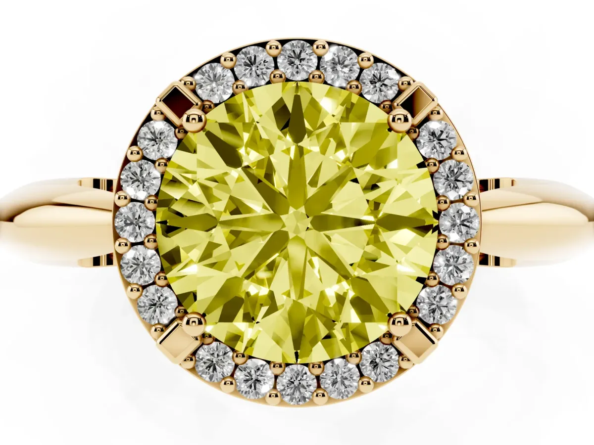 Fancy Yellow Round Cut Cut Diamond Halo Engagement Ring with Split Shank and Four-Prong Setting Yellow gold