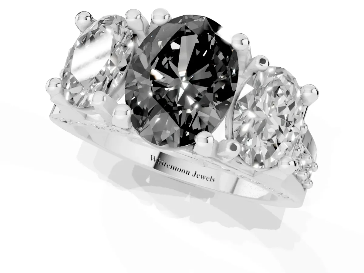 Fancy Black Oval Cut Diamond Three-Stone Ring with Channel Set Band and Four-Prong Setting Silver