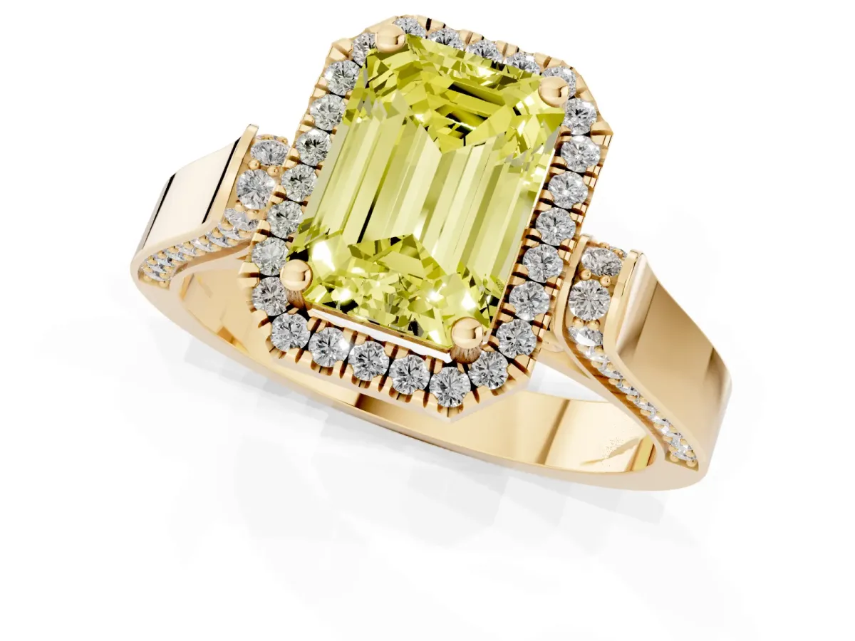 Fancy Yellow Emerald Cut Halo Pave Split Shank Prong Setting Ring Yellow gold