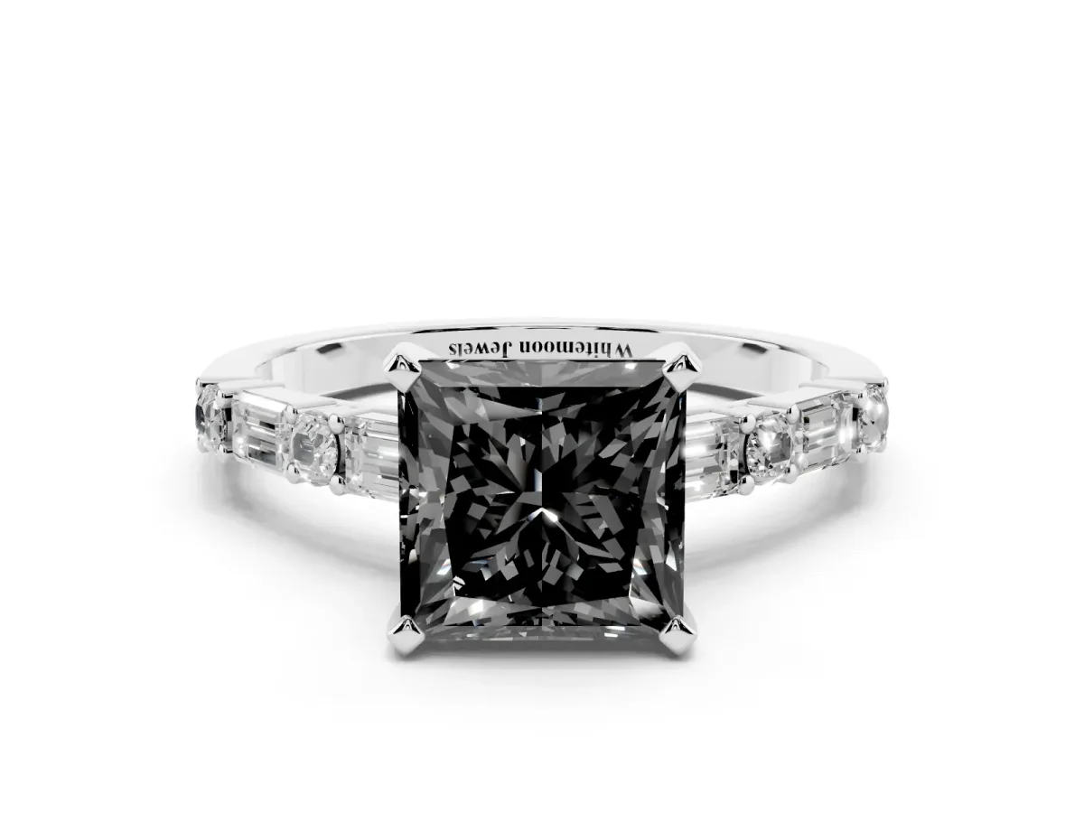 Fancy Black Princess Cut Diamond Solitaire with Side Baguettes and Channel Set Band White gold