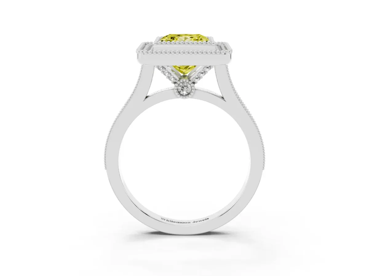 Fancy Yellow Princess Cut Diamond Halo Ring with Milgrain Frame and Pavé Band White gold
