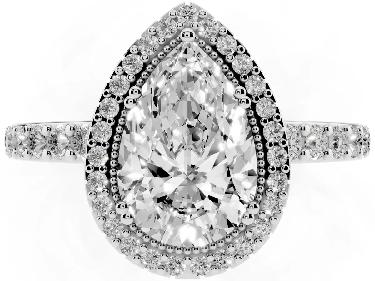 Pear Cut Cut Diamond Halo Engagement Ring with Milgrain Detail and Pavé Band White gold