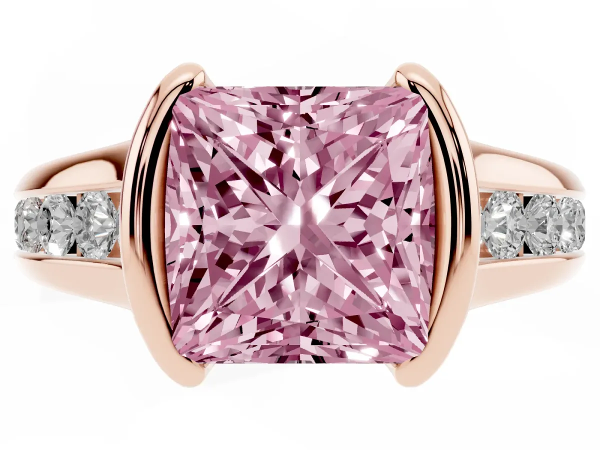Fancy Pink Princess Cut Solitaire Bezel-Set Diamond Ring with Channel-Set Band Rose gold