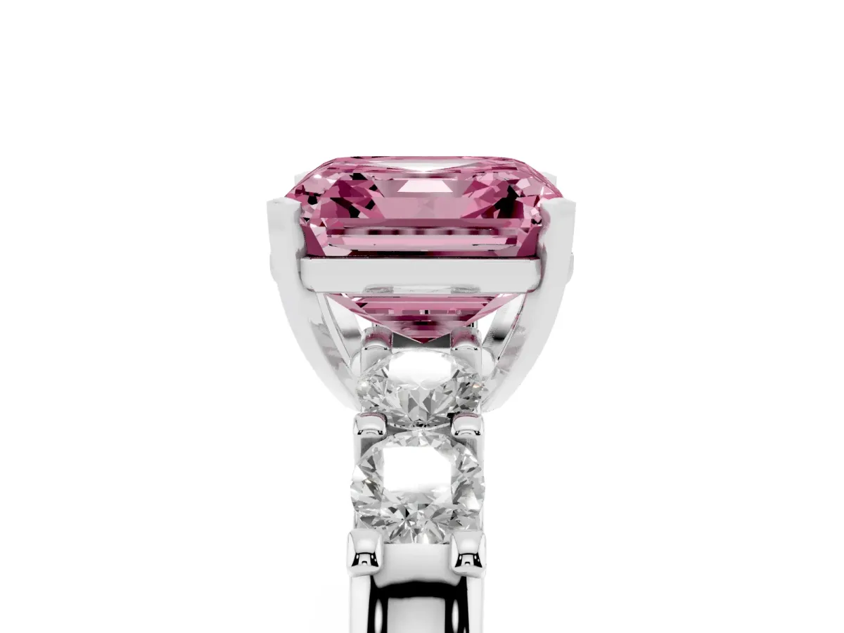Fancy Pink Asscher Cut Brilliant Cut Diamond Five-Stone Prong Set Engagement Ring with Channel Band Silver
