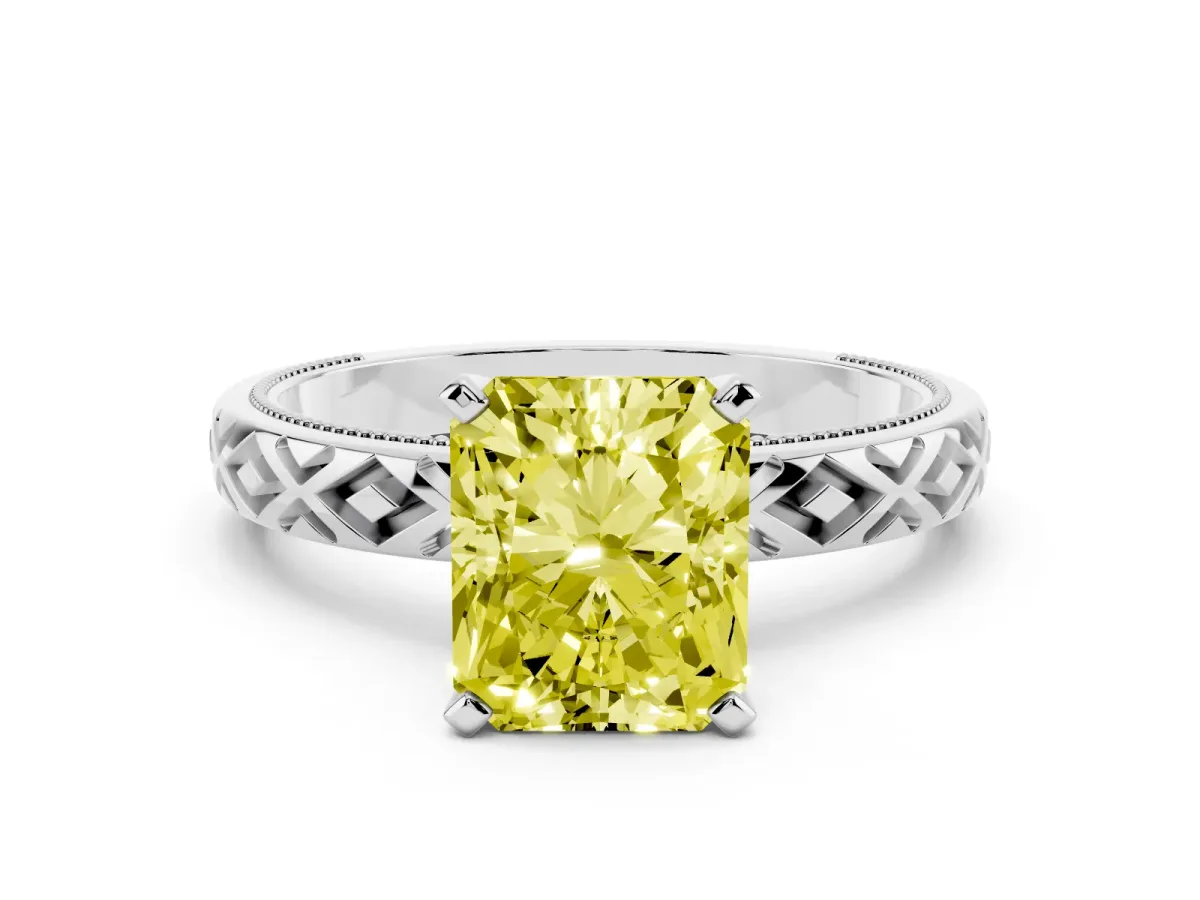 Fancy Yellow Radiant Cut Solitaire Diamond Ring with Milgrain and Black Enamel X Pattern Band White gold