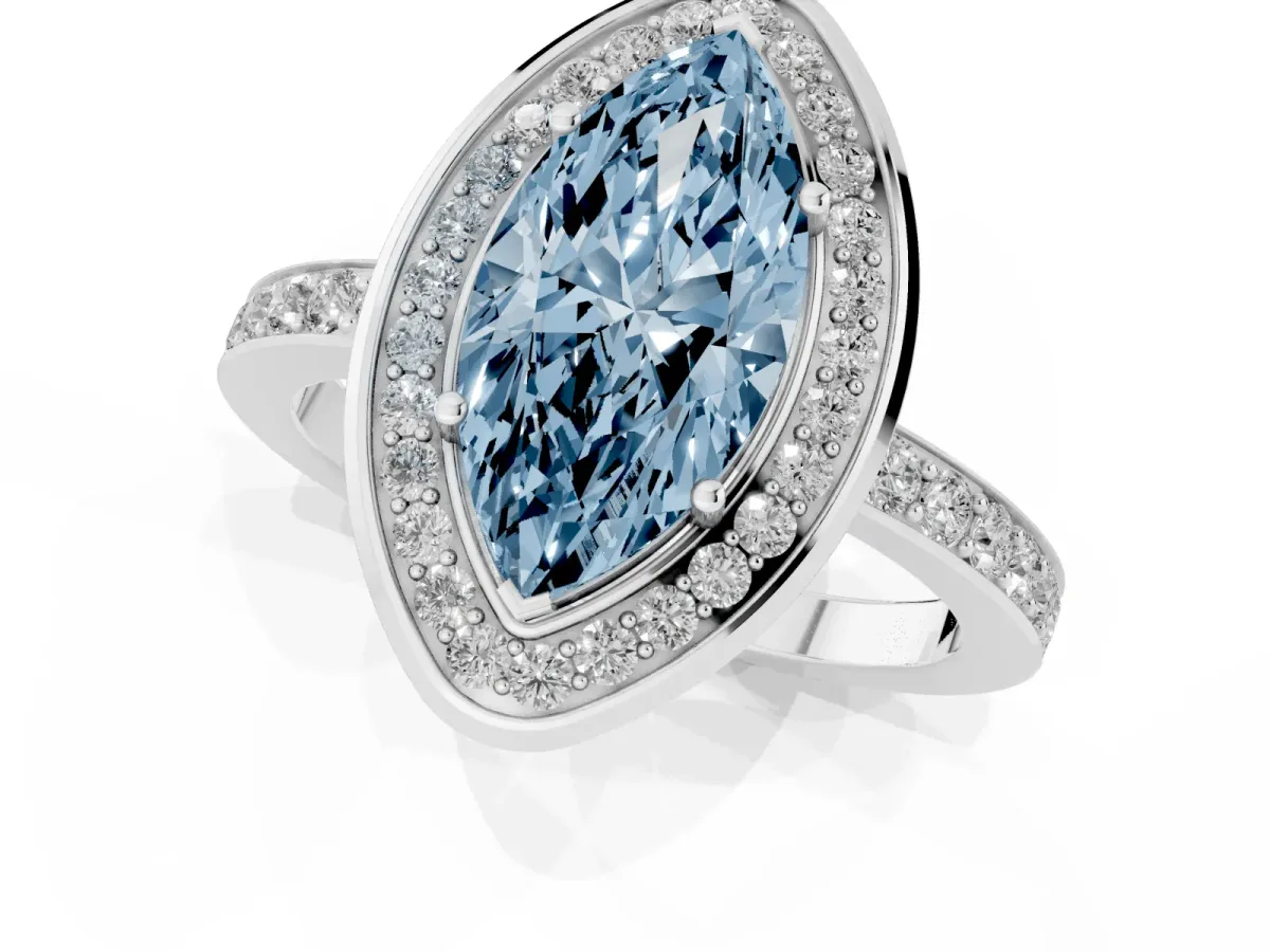 Fancy Blue Marquise Cut Diamond Halo Ring with Bezel Frame and Pavé Band Silver