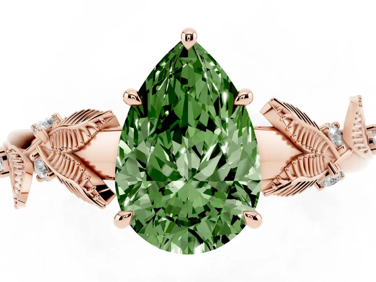 Fancy Green Pear Cut Diamond Solitaire Ring with Leaf Motif Band and Four-Prong Setting Rose gold