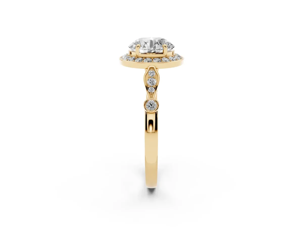 Round Cut Halo Diamond Engagement Ring with Twisted Band and Four-Prong Setting Yellow gold