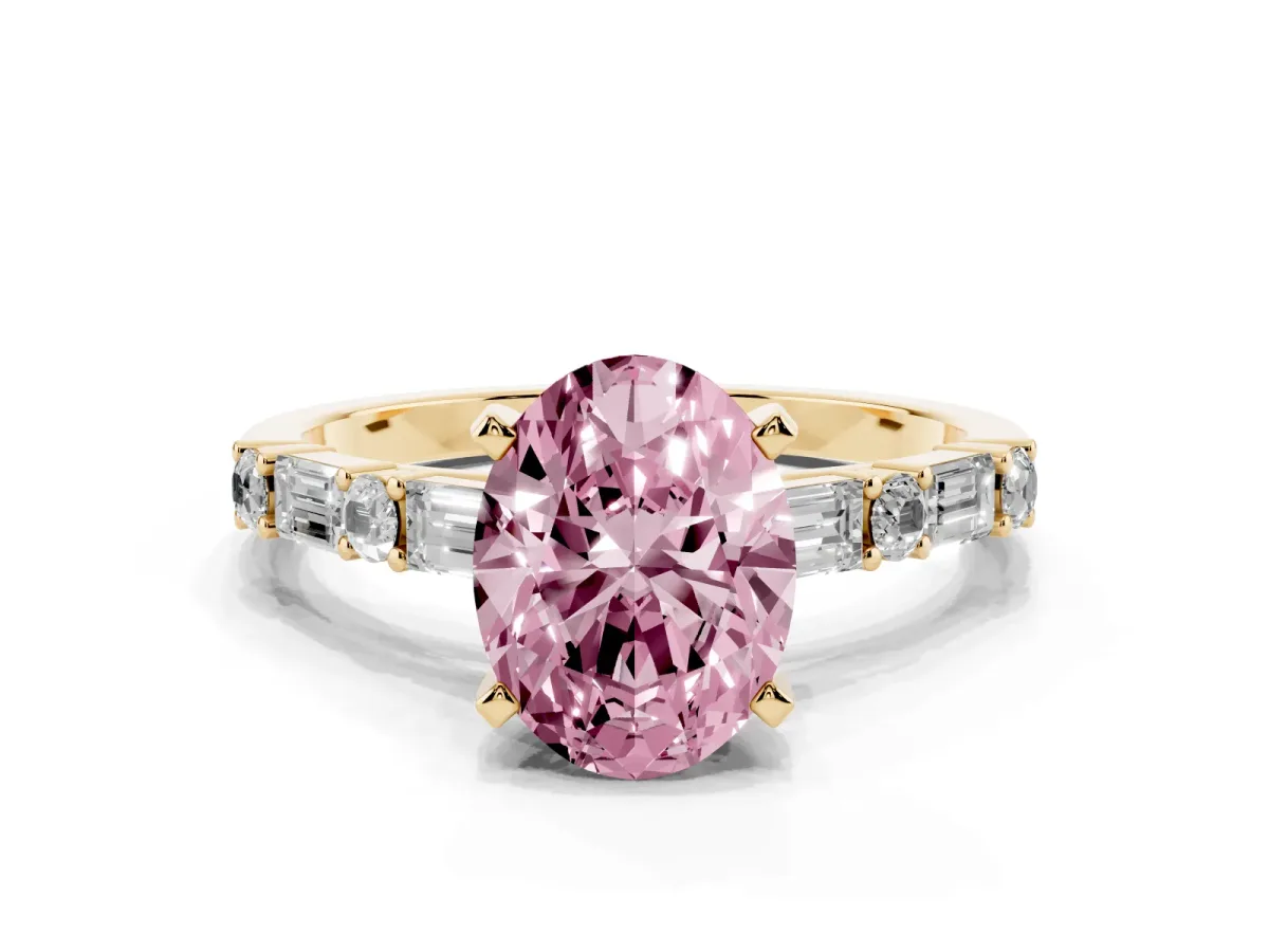 Fancy Pink Oval Cut Diamond Solitaire with Side Baguettes and Channel Set Band Yellow gold