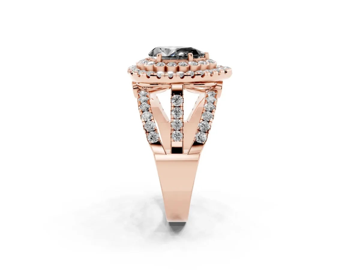 Fancy Black Pear Cut Diamond Double Halo Ring with Round Pavé Split Shank and Prong Setting Rose gold