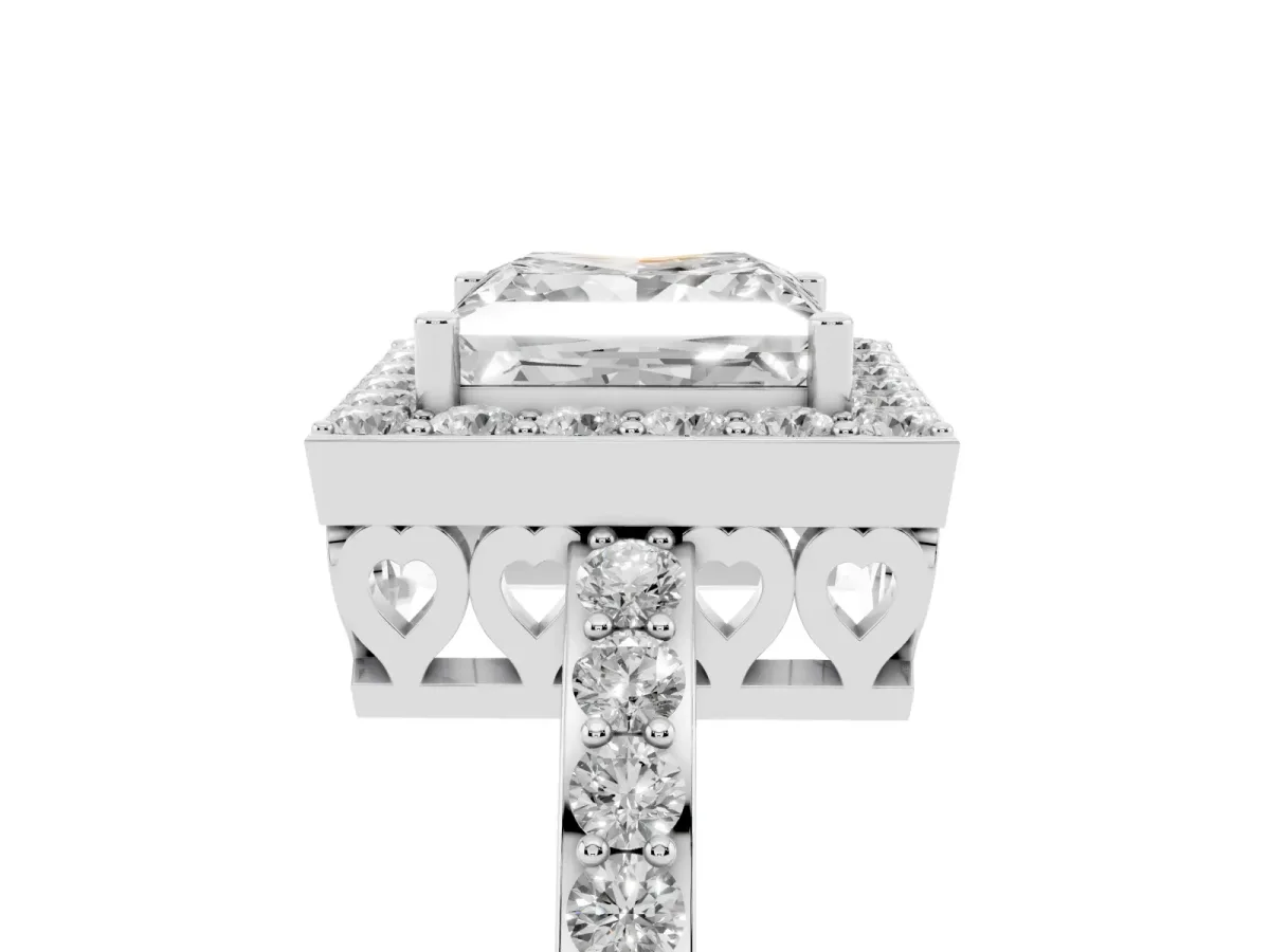 Princess Cut Halo Diamond Pavé Band Ring with Prong Setting Silver