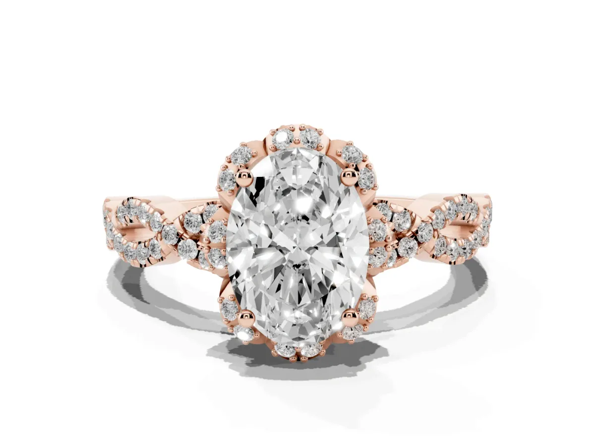 Oval Cut Halo Twist Band Solitaire Ring with Six-Prong Setting Rose gold