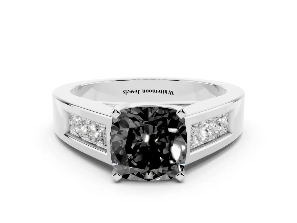 Fancy Black Cushion Cut Cut Channel Set Solitaire Ring with Four-Prong Setting Silver