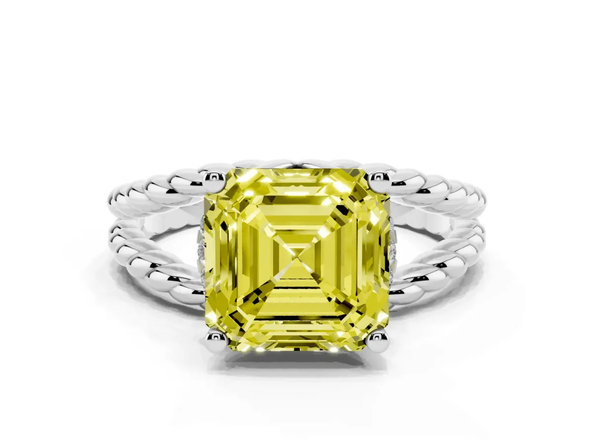 Fancy Yellow Asscher Cut Halo Twisted Band Four-Prong Ring Silver