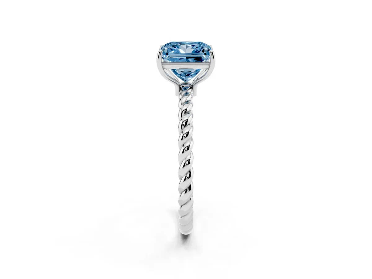 Fancy Blue Princess Cut Solitaire Twisted Band 4-Prong Ring Platinum