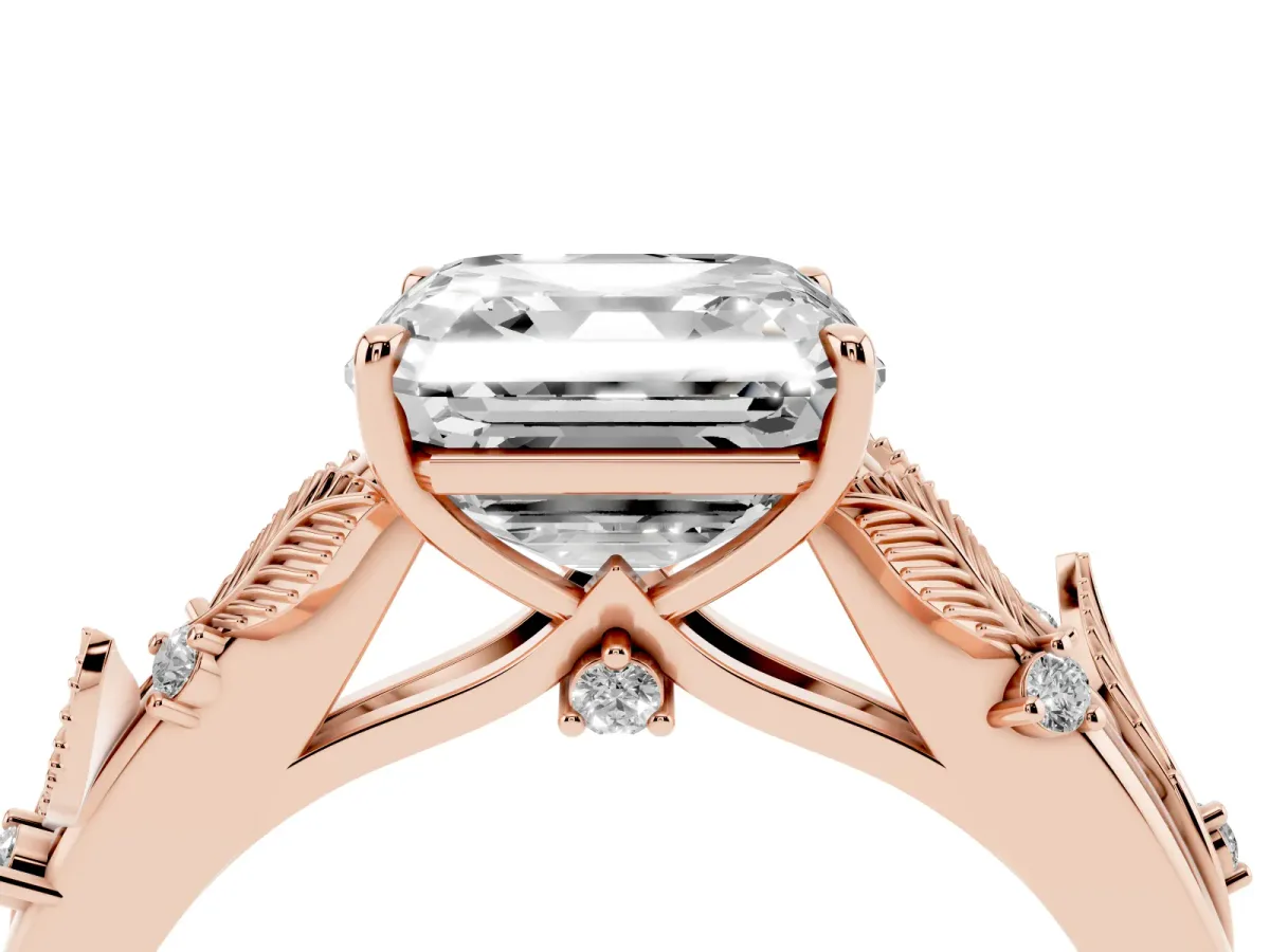Asscher Cut Diamond Solitaire Ring with Leaf Motif Band and Four-Prong Setting Rose gold