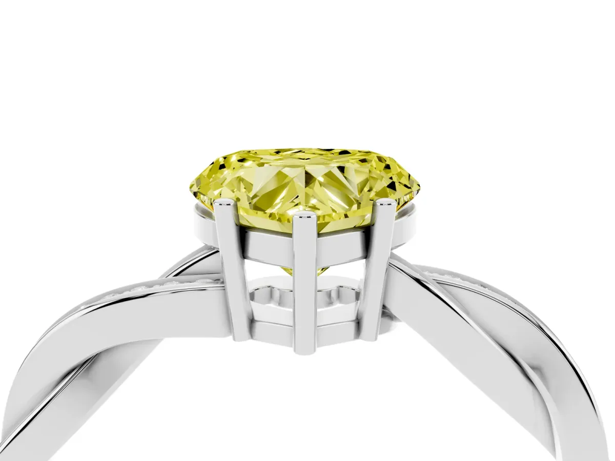 Fancy Yellow Heart Cut Solitaire Twisted Pave Diamond Ring with Four-Prong Setting White gold