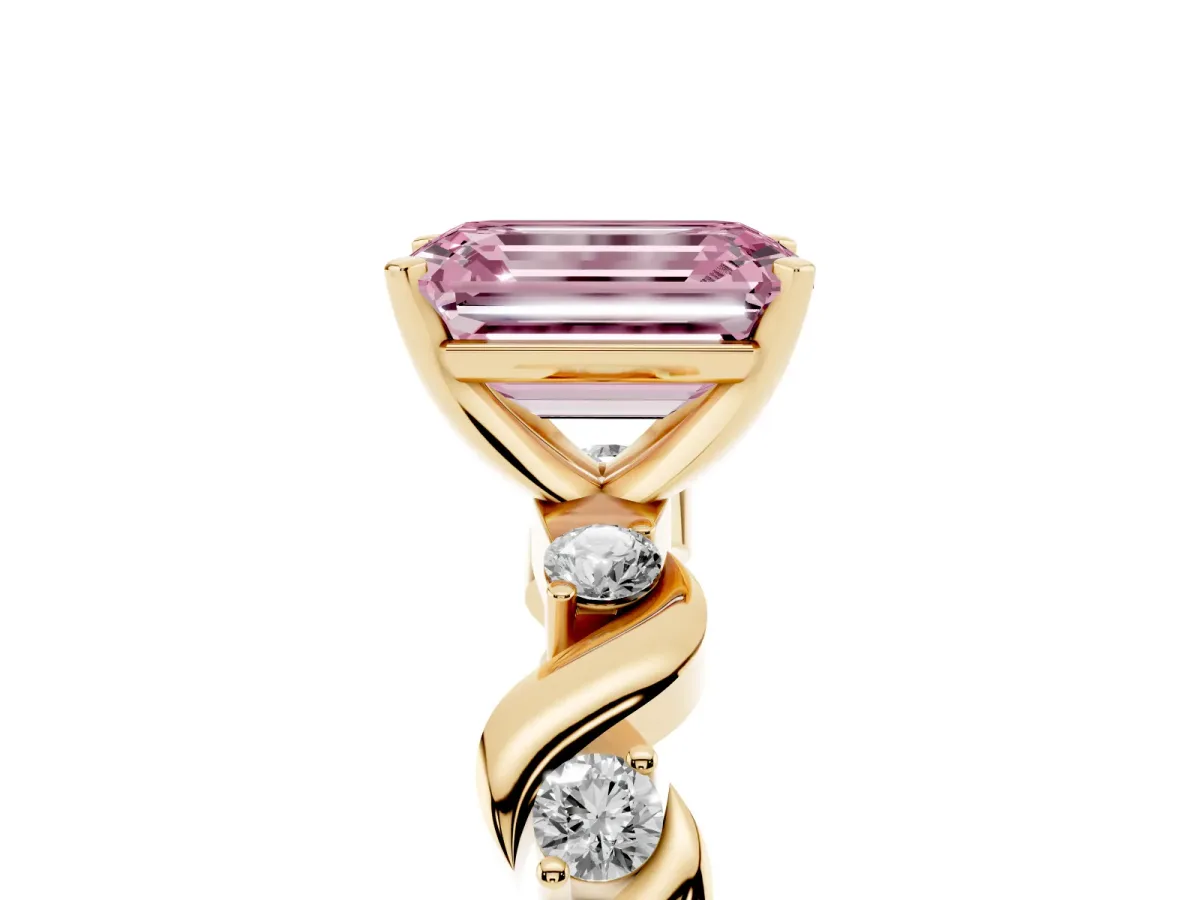 Fancy Pink Emerald Cut Diamond Solitaire Twisted Band with Round Accents and Prong Setting Yellow gold