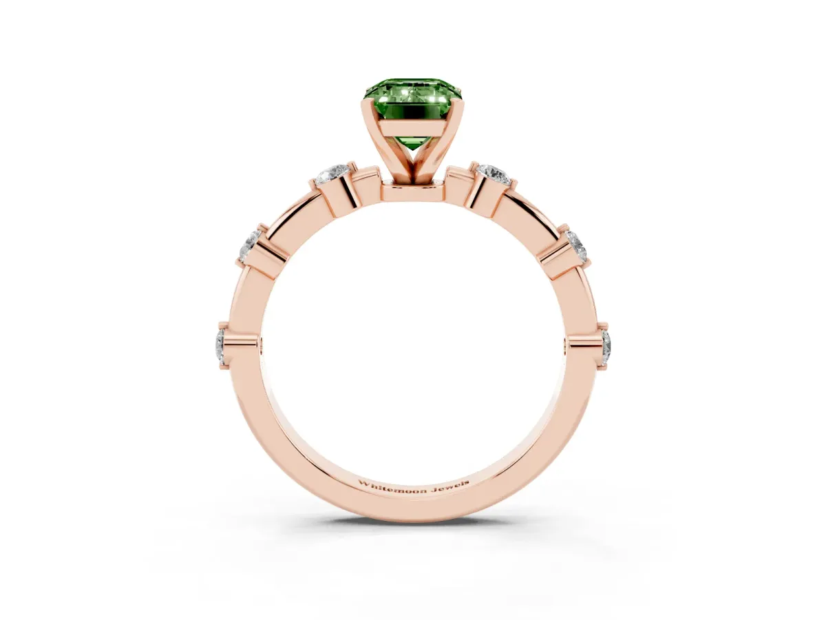 Fancy Green Emerald Cut Solitaire Diamond Ring with Bezel Set Side Stones and Prong Setting Rose gold