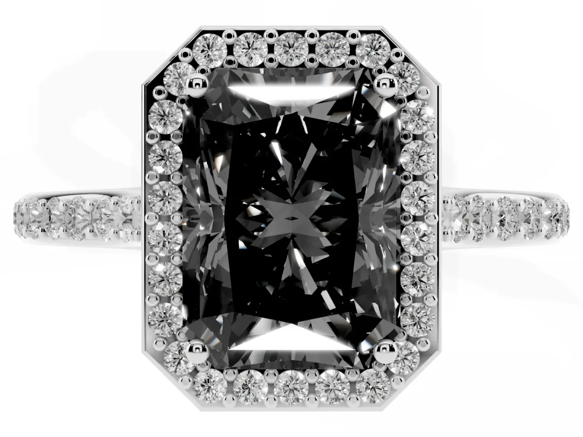 Fancy Black Radiant Cut Diamond Halo Engagement Ring with Round Pavé Shoulders and Prong Setting Platinum