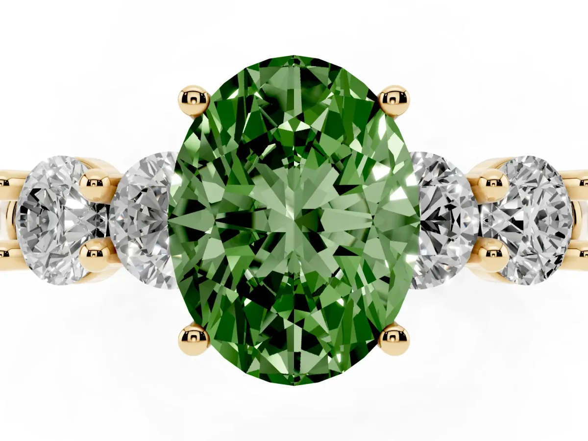Fancy Green Oval Cut Cut Five-Stone Prong Set Diamond Ring with Classic Band Yellow gold