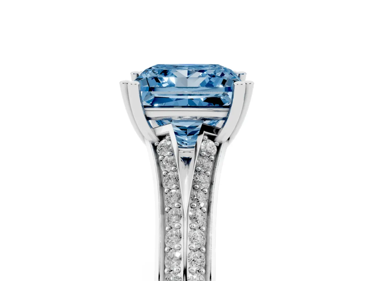 Fancy Blue Princess Cut Diamond Split Shank Engagement Ring with Pavé Band Silver