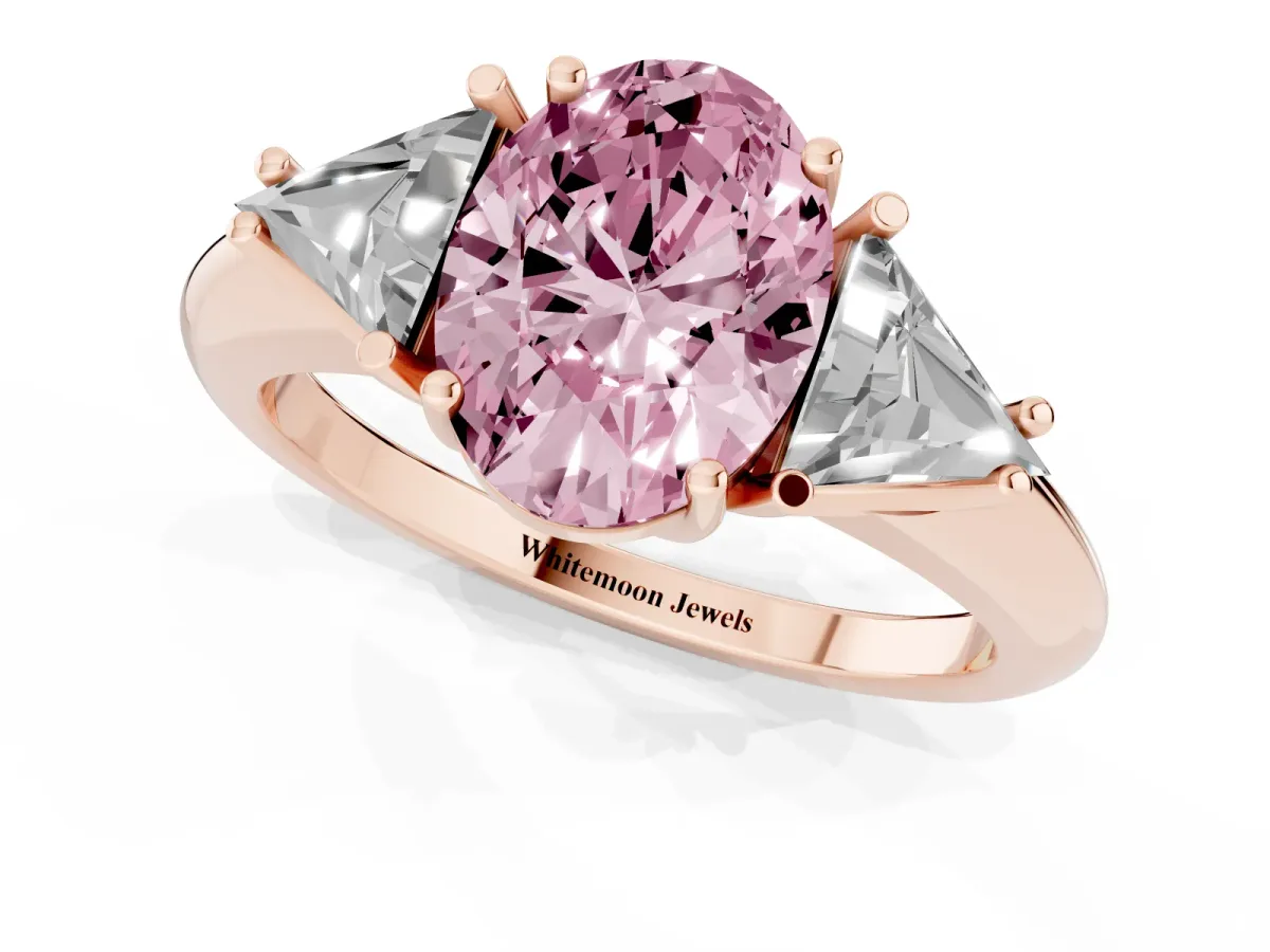 Fancy Pink Three-Stone Oval Cut Diamond Engagement Ring with Trillion Side Stones and Prong Setting Rose gold