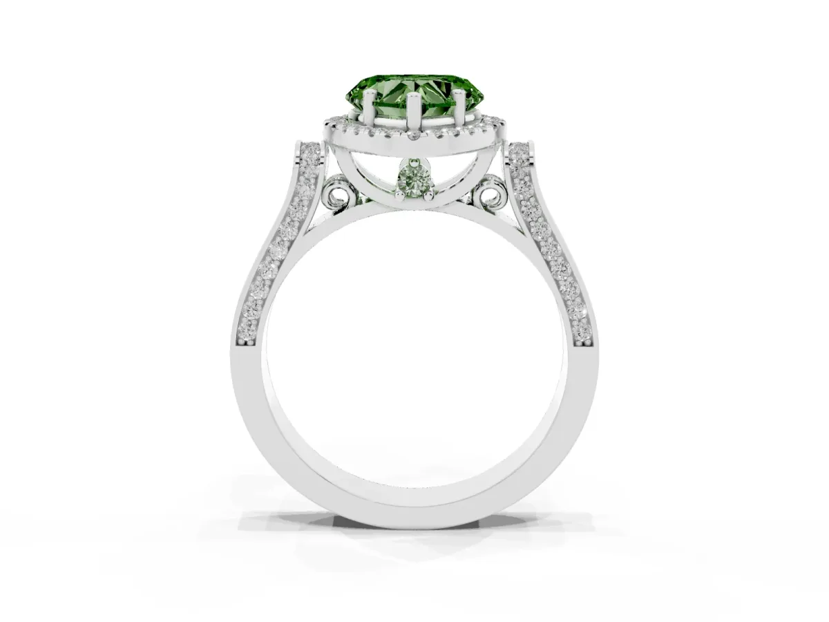 Fancy Green Heart Cut Halo Round Diamond Twist Band with Four-Prong Setting Silver