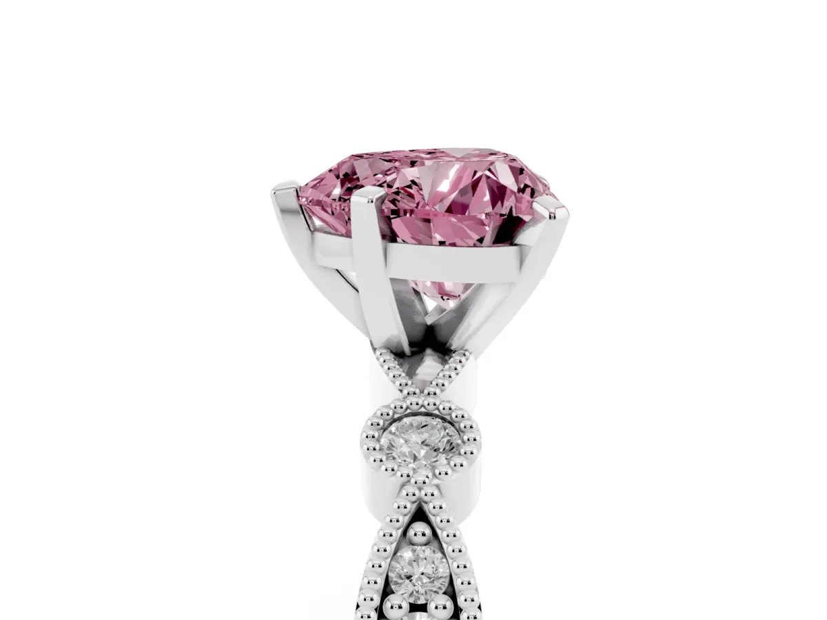 Fancy Pink Heart Cut Milgrain Bezel Diamond Engagement Ring with Solitaire Prong Setting Silver