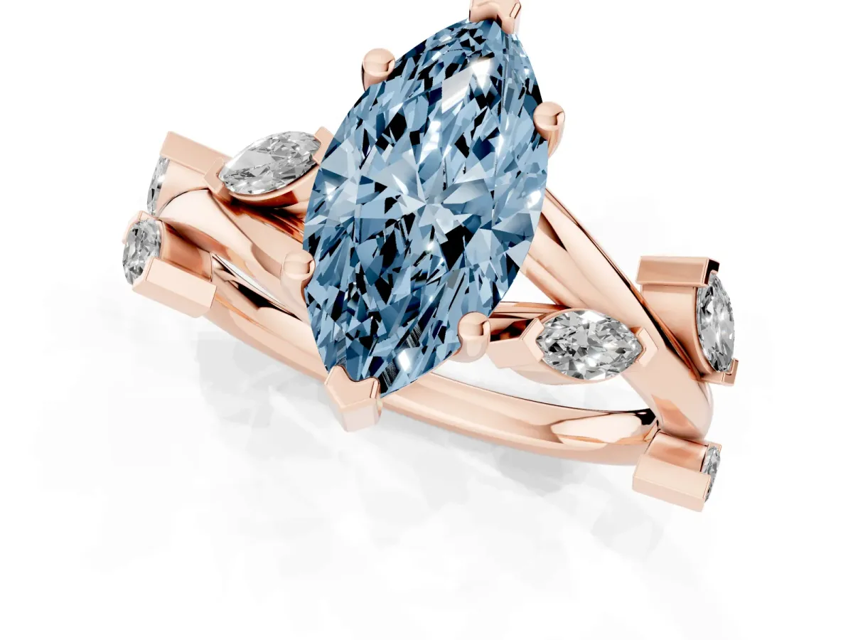 Fancy Blue Marquise Cut Solitaire Twisted Band Marquise Accent Prong Setting Ring Rose gold