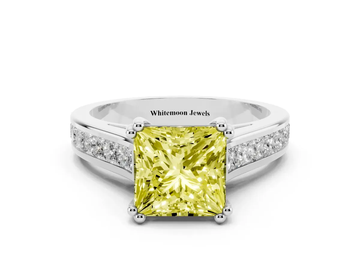Fancy Yellow Princess Cut Cut Channel Set Solitaire Engagement Ring with Prong Setting Platinum