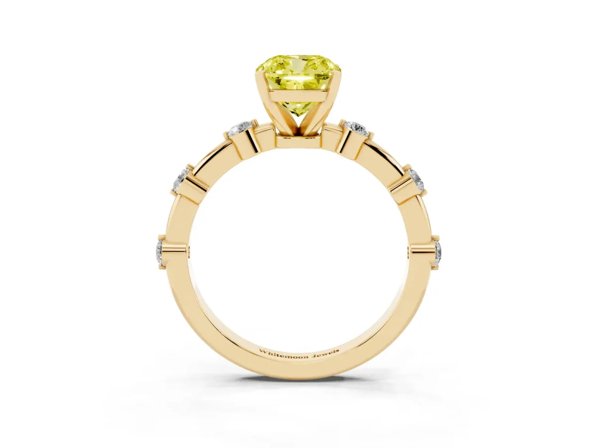 Fancy Yellow Cushion Cut Solitaire Diamond Ring with Bezel Set Side Stones and Prong Setting Yellow gold