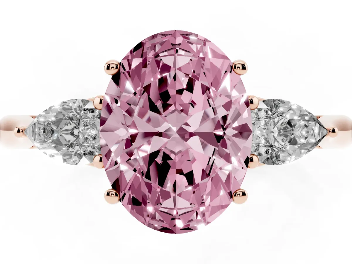 Fancy Pink Oval Cut Diamond Three-Stone Ring with Pear Side Stones and Prong Setting Rose gold