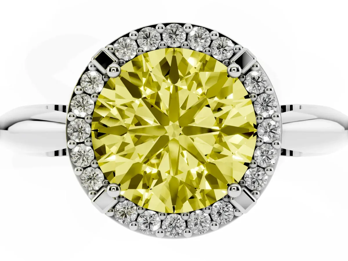 Fancy Yellow Round Cut Cut Diamond Halo Engagement Ring with Split Shank and Four-Prong Setting Silver