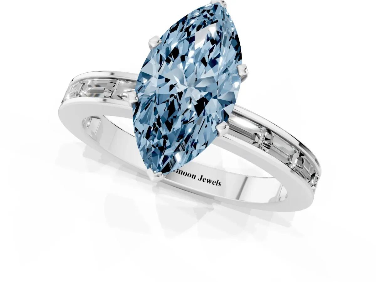 Fancy Blue Marquise Cut Solitaire Diamond Ring with Channel-Set Baguette Band and Four-Prong Setting White gold