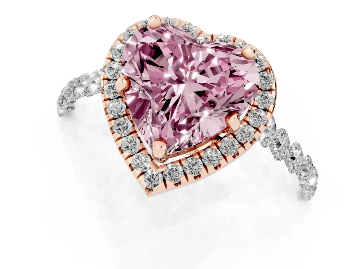 Fancy Pink Heart Cut Halo Pavé Diamond Engagement Ring with Four-Prong Setting Rose gold