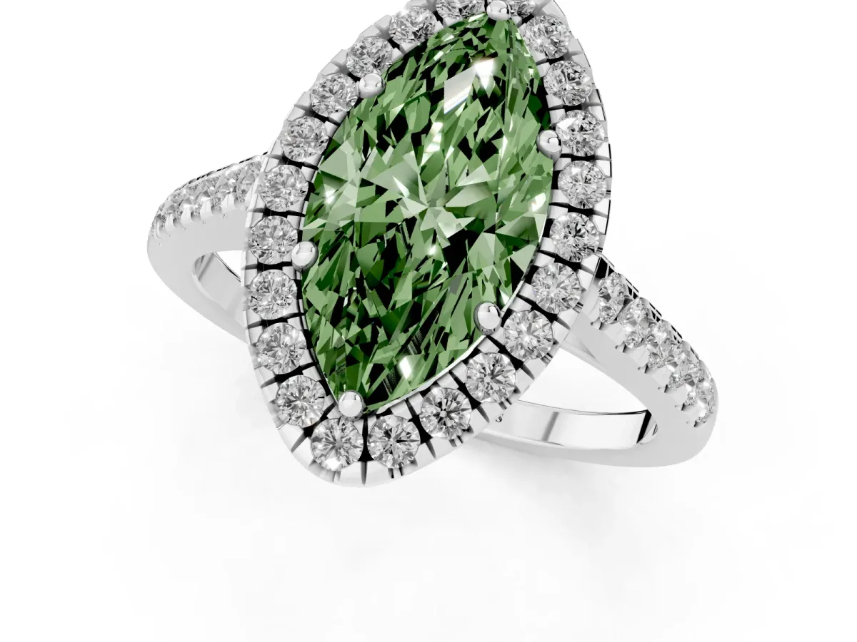 Fancy Green Marquise Cut Halo Pavé Diamond Engagement Ring with Four-Prong Setting Silver